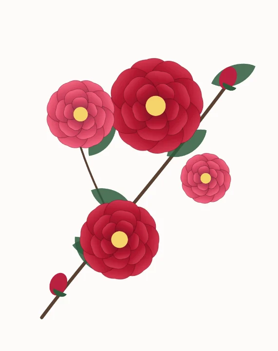 Camellia Branch card: red camellias on a branch inside a rose gold foil frame