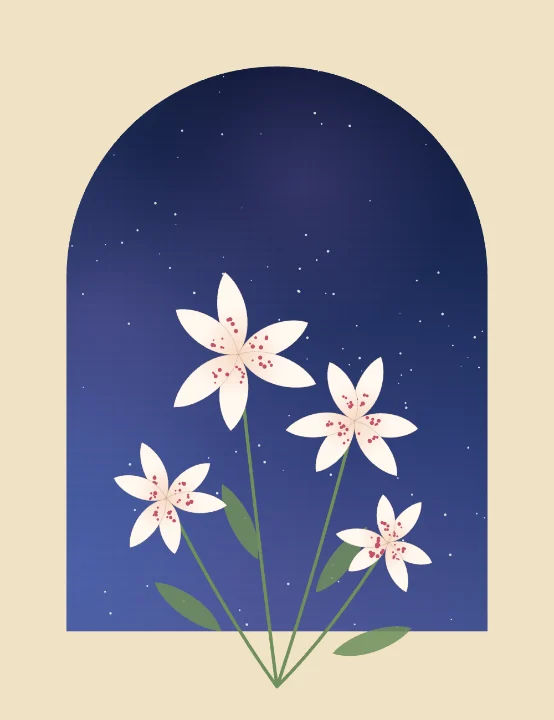 Night Lilies card: white lilies growing out of an arched window full of night sky, with gold foil stars